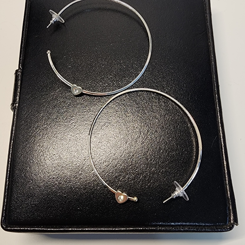 Crystal Heart Silver Hoop Earrings